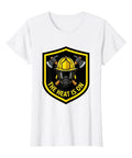The Heat Is On Firefighter Graphic Tee For Women, Heavy Cotton White Large T-Shirt, Front view of shirt with firefighter graphic.
