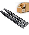 Heavy Duty Full Extension Drawer Slides Bottom Mounted Concealed Cabinet Hardware Professional Grade Smooth Glide Pair next to a wooden drawer system.