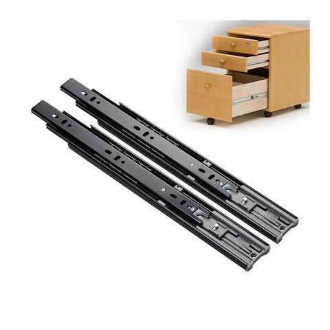 Heavy Duty Full Extension Drawer Slides Bottom Mounted Concealed Cabinet Hardware Professional Grade Smooth Glide Pair next to a wooden drawer system.