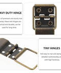 Close-up of Mini Jewelry Box Hinges With Screws 30 Pcs Metal Hardware For Small Wooden Boxes and Craft Projects with text descriptions.