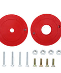 Beast Mode Router Table Insert Plate Built From Heavy Duty Aluminum Alloy Panel With Precision Center Hole Bushing For Slick Drill Alignment And Dead Sure Mounting On Daily Shop Rounds, showing red bushings and screws.