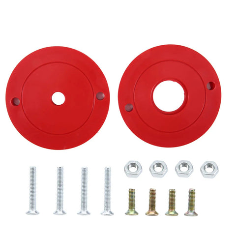 Beast Mode Router Table Insert Plate Built From Heavy Duty Aluminum Alloy Panel With Precision Center Hole Bushing For Slick Drill Alignment And Dead Sure Mounting On Daily Shop Rounds, showing red bushings and screws.