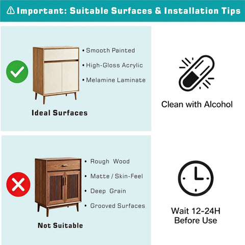Guide on suitable surfaces for Hidden Adhesive Cabinet Locks For Baby Proofing No Drill Safety Latches, showing ideal and not suitable surfaces.