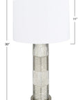 Reeded Glass Table Lamp With Metal Base In Antiqued French Silver Mercury Glass Finish, White Linen Drum Shade, 30 Inches Tall