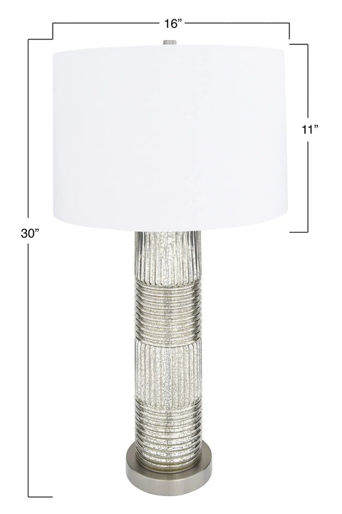 Reeded Glass Table Lamp With Metal Base In Antiqued French Silver Mercury Glass Finish, White Linen Drum Shade, 30 Inches Tall