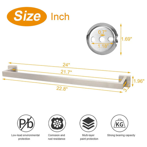 Built To Last Heavy Duty Wall Mounted Towel Rack With Square Base And Thick SUS304 Stainless Steel Towel Bar, dimensions diagram