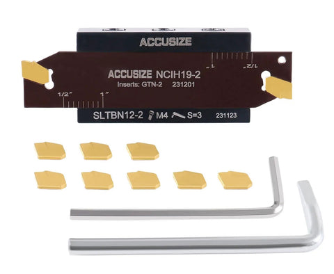 Self-Lock Block One Half Inch Kit With Ten GTN-2 Carbide Inserts, Adjustable NCIH19-2 Blade 0.087 To 0.094 Inch Width, Includes Wrench Set And Fitted Case, Pro Grade Tooling, Model 2410-0012