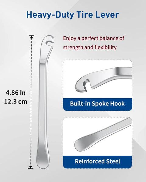 Heavy-duty tire lever with built-in spoke hook and reinforced steel, part of Your Go To Bike Spoke Tool Kit With 2 Tire Levers.