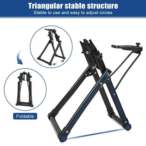 Foldable Bike Wheel Truing Stand With Spoke Wrench For Home Mechanics Aluminum Alloy Frame Front Three Point Nine Inch And Rear Five Point Three Inch Compatibility Includes Ruler Knob Adjustments Easy Portable Wheel Maintenance Kit shown folded and unfolded