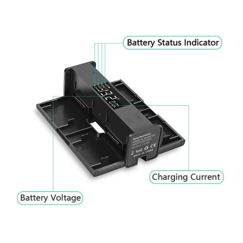 Foldable 4 In 1 Drone Battery Charging Hub With LCD Display showing battery status, voltage, and charging current for Air 2S and Air 2.