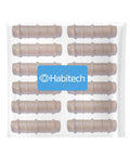 12 pack of brown Half Inch Drip Irrigation Coupling Fittings Barbed Connectors visible in packaging with "Habitech" label