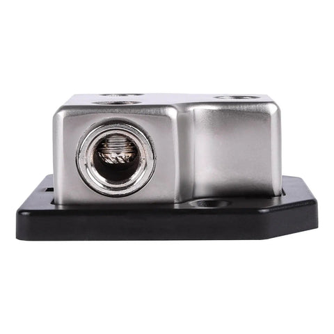 X1 0/4 Gauge Input To Two 0/4 Gauge Outputs Power Distribution Block With Zinc Alloy Mounting Base And Included 1/0 To 4 Gauge Reducers, front view