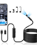 Dual Lens Endoscope Camera With Light 1920P HD Borescope for iOS and Android, showing camera with light and connection accessories