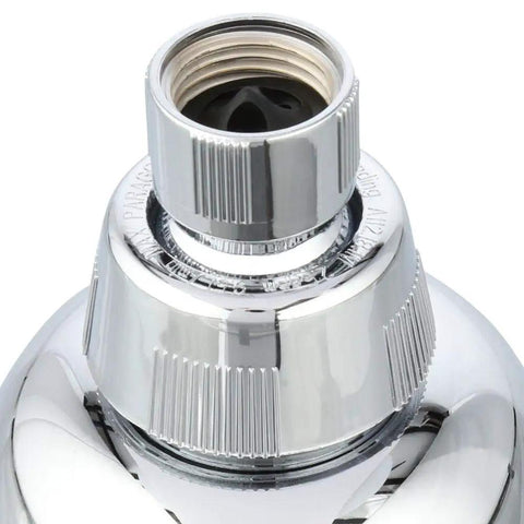 Close-up of Chrome Inline Shower Filtration System with a No Brainer Install, reduces chlorine, sediment, and scale with chrome finish
