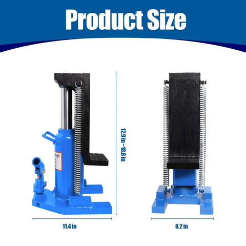 Heavy Duty 20 Ton Hydraulic Toe Jack dimensions 11.4 in wide, height adjustable 12.9 in to 18 in, sturdy blue steel design.
