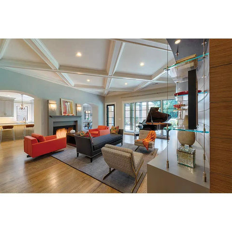Modern living room with Easy Upgrade 5 To 6 Inch White LED Recessed Light Retrofit Trim Pack illuminating space.