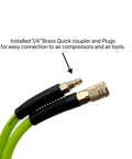 Heavy Duty Hybrid Air Hose 3/8 X 10 Ft with installed 1/4 inch brass quick coupler for easy connection to air compressors.