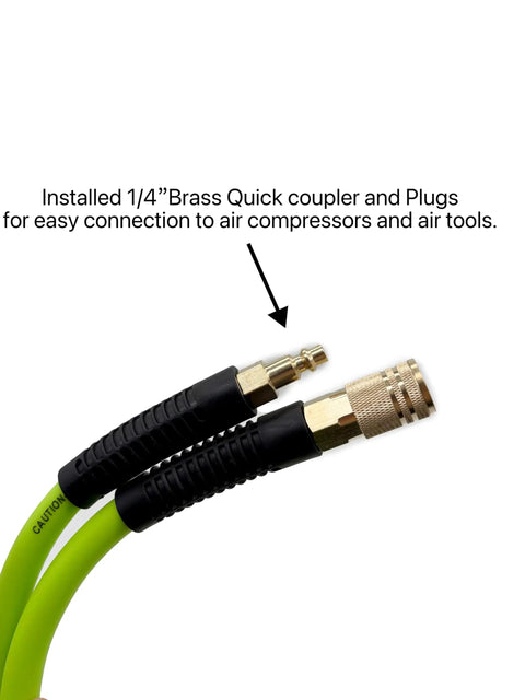 Heavy Duty Hybrid Air Hose 3/8 X 10 Ft with installed 1/4 inch brass quick coupler for easy connection to air compressors.