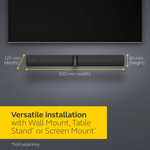 Intelligent Video Bar Webcam Delivers Fire 4K Action Over A Stunning 180 Degree Field Of View with installation dimensions 650mm x 80mm x 125mm.