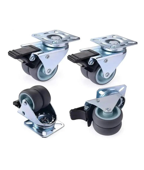 Set Of 4 2-Inch Flat Double-Row Swivel Casters With Brakes For Furniture And Industrial Use Rubber Silent Wheels