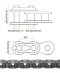 Diagram showing Beefy Heavy Duty Roller Chain Three Eighth Inch Pitch With Six Point Three Five Millimeter Rollers for industrial use