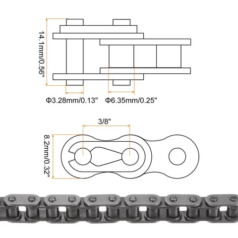 Diagram showing Beefy Heavy Duty Roller Chain Three Eighth Inch Pitch With Six Point Three Five Millimeter Rollers for industrial use