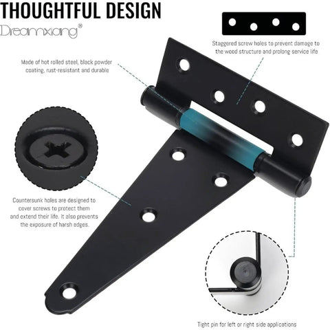 Heavy Duty T Shape Hinges Black Iron Gate Barn Door Hardware With Mounting Screws And Solid Brackets close-up view showing design features.