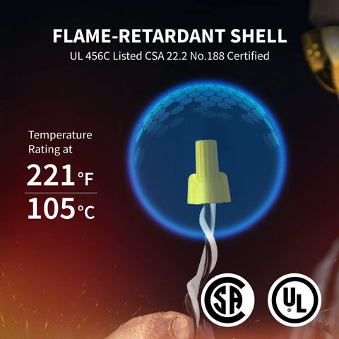 Yellow Winged Wire Connectors 500 Piece Set For AWG 18 To 10 Twist On Wire Nuts With Fast Tool Free Installation And Quick Electrical Connections Easy Install For Home Wiring Lighting And DIY Projects with flame-retardant shell and safety certification logos, displayed against a blue and red background highlighting temperature rating.