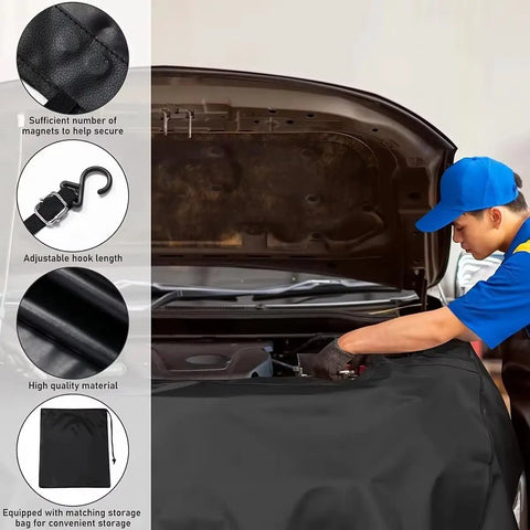 Rock Solid Magnetic Fender Work Covers For Tesla Cybertruck strong magnets securing a mechanic's hood during repairs.