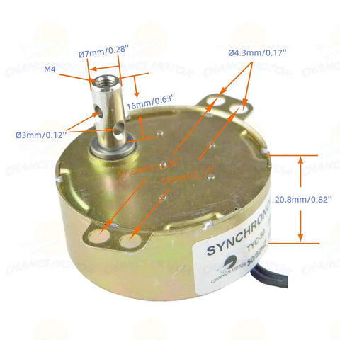 2-Pack Synchronous Turntable Motor Kit With 5-6 RPM, 4W, 100-127V, showing motor with measurements and shaft details