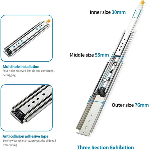 Heavy Duty Drawer Slides With Secure Locking Mechanism Industrial Furniture Hardware Rails 30mm, 55mm, 76mm sizes for cabinets.