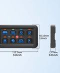 8 Gang Switch Panel With RGB LED Lights showing dimensions and button configuration for vehicle and marine use