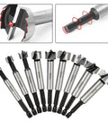 Set of 12 high-carbon-steel hinge-boring drill bits with hex shanks for woodworking and plastics
