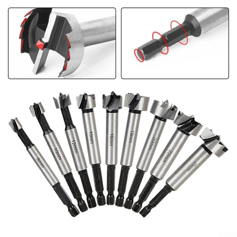Set of 12 high-carbon-steel hinge-boring drill bits with hex shanks for woodworking and plastics