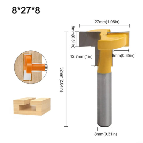 Premium Orange T-slot Milling Cutter With 8x27mm Straight Edge Carbide Blade For CNC Router Woodworking Plastic Cutting And Soft Metal Profiling Projects, detailed measurements shown.
