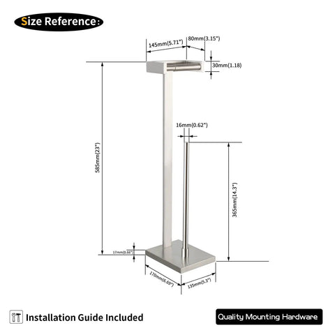 Dimensions of Free Standing Toilet Paper Holder for Bathroom Made From SUS 304 Stainless Steel With Brushed Finish Super Sturdy Rust Proof Anti Corrosion Roll Holder For Wet Areas No Fuss Mount Durable Bathroom Accessory DZY005-LS.
