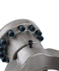 Close-up of the hydraulic part in Heavy Duty Electric Rebar Bender and Cutter, showcasing metal bolts and structure.