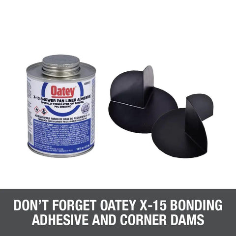 PVC Shower Pan Liner 6 Foot By 10 Foot Waterproof Membrane accessories including adhesive can and black corner dams