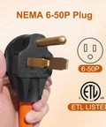 Close-up of Welder Adapter Cord NEMA 6 50P To 6 20R 20 Amp 250V plug in hand, showing prongs and ETL certification.