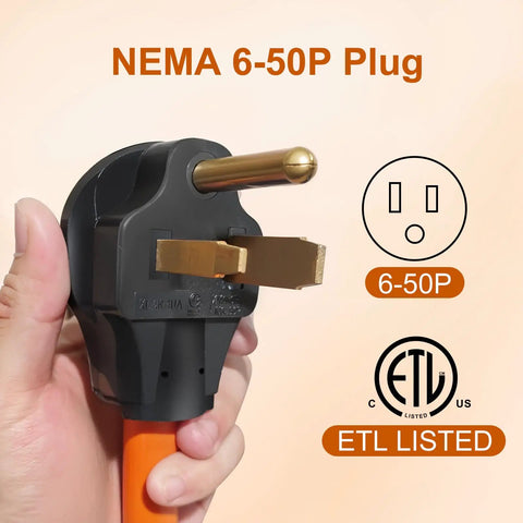 Close-up of Welder Adapter Cord NEMA 6 50P To 6 20R 20 Amp 250V plug in hand, showing prongs and ETL certification.