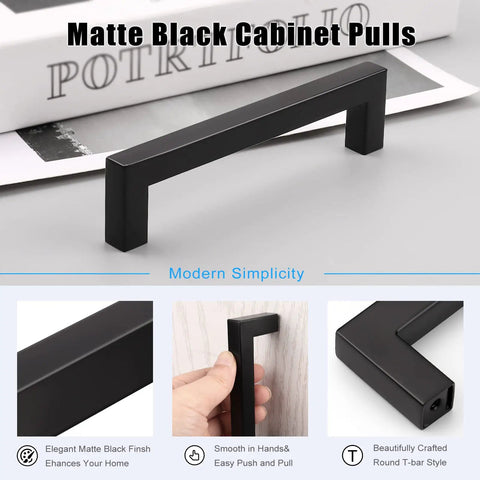 Heavy Duty Matte Black Cabinet Pulls Five Inch Center To Center Square Stainless Steel Handles Thirty Pack on a table.