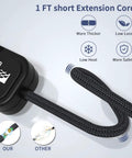 Close-up of Two Pack Slim 3 Outlet Power Strip With 1 Foot Heavy Duty Extension Cord, black cable with safety features.