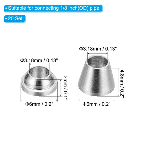 One Eighth Inch OD Stainless Steel Compression Tube Fitting Sleeve Kit 20 Pack Double Ferrule Ring Tubing Fittings Assortment Durable