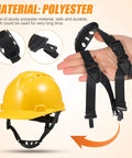 Six Pack Built Tough Hard Hat Chin Straps 22 Inch Adjustable Universal Polyester Harness showing black straps and yellow hard hat.