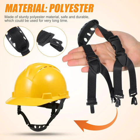 Six Pack Built Tough Hard Hat Chin Straps 22 Inch Adjustable Universal Polyester Harness showing black straps and yellow hard hat.