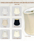Color selection of bell lampshades including white, eggshell, beige, black/gold, linen white, linen eggshell with spider fitter.
