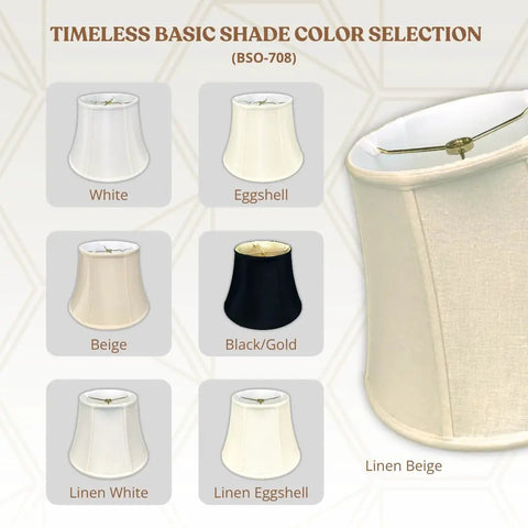 Color selection of bell lampshades including white, eggshell, beige, black/gold, linen white, linen eggshell with spider fitter.