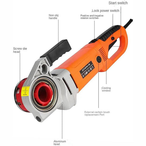 Close-up of Heavy Duty Electric Pipe Threader Machine With 2300W All Copper Motor, showing non-slip handle and aluminum head.