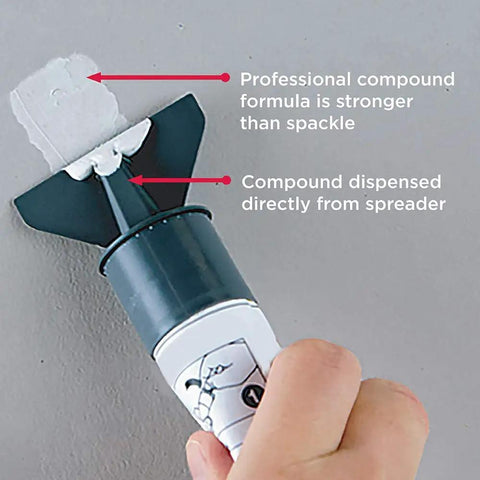 All In One Wall Hole Filler With Built In Applicator And Spreader For Small Holes Under Two Inches And Scratches Resealable Container For Quick Easy Repairs in use on interior wall