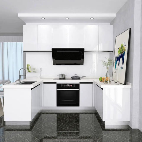 Modern kitchen with Glossy White Self Adhesive Wallpaper Peel And Stick Countertop Cover 24 By 160 Inches Waterproof Removable Vinyl
